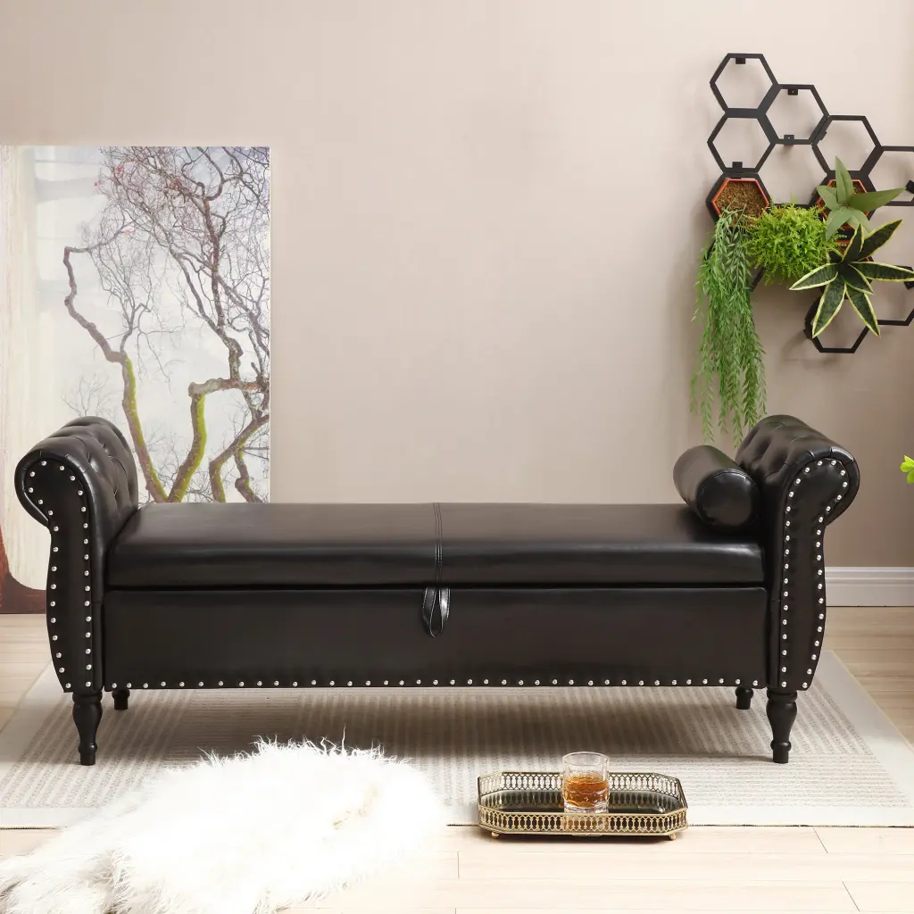 63 Inch PU Upholstered Flip Top Storage Ottoman Bench Bedroom Entryway aijiafurniture