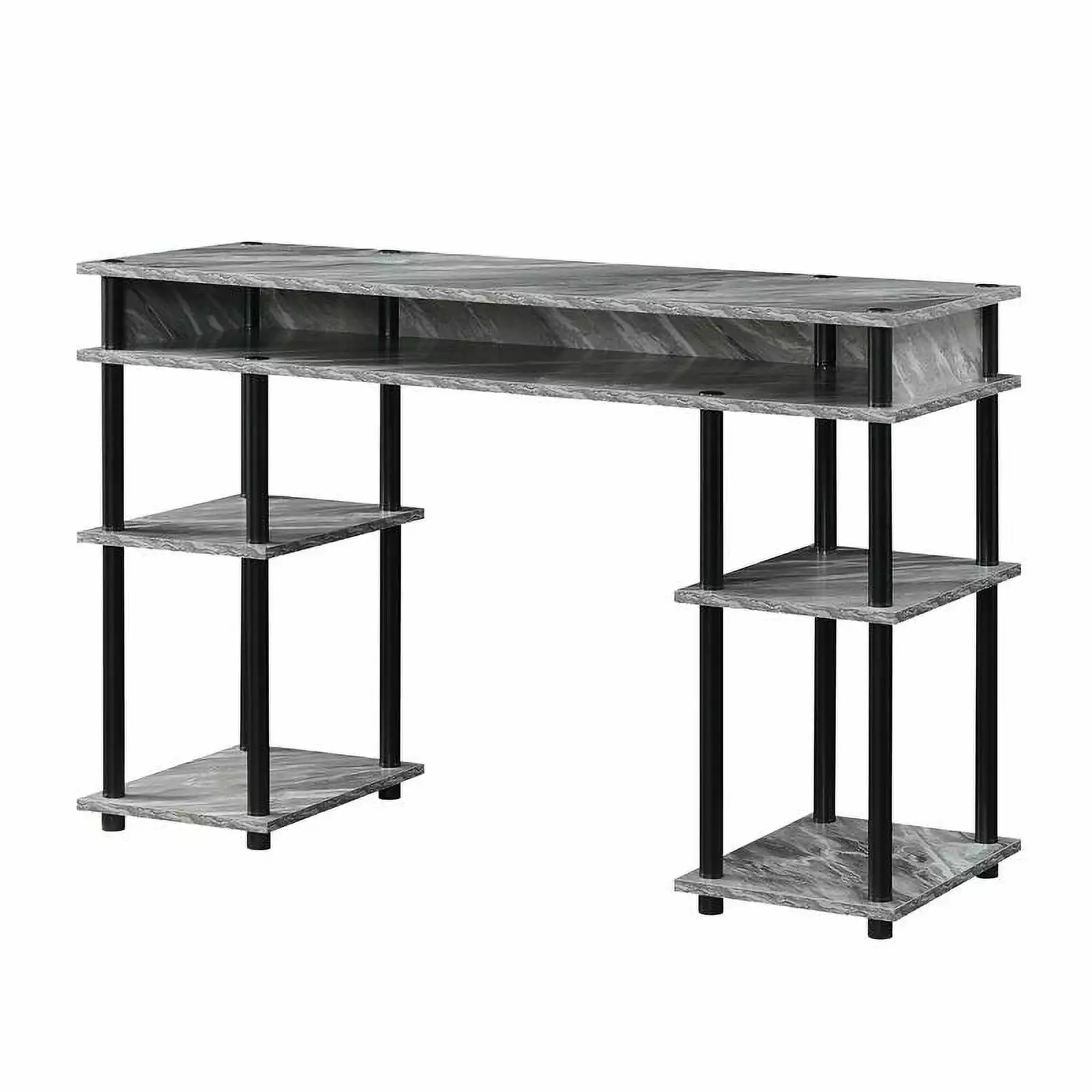 Pemberly Row No-Tools Student Desk Shelves Gray Faux Marble Wood Finish