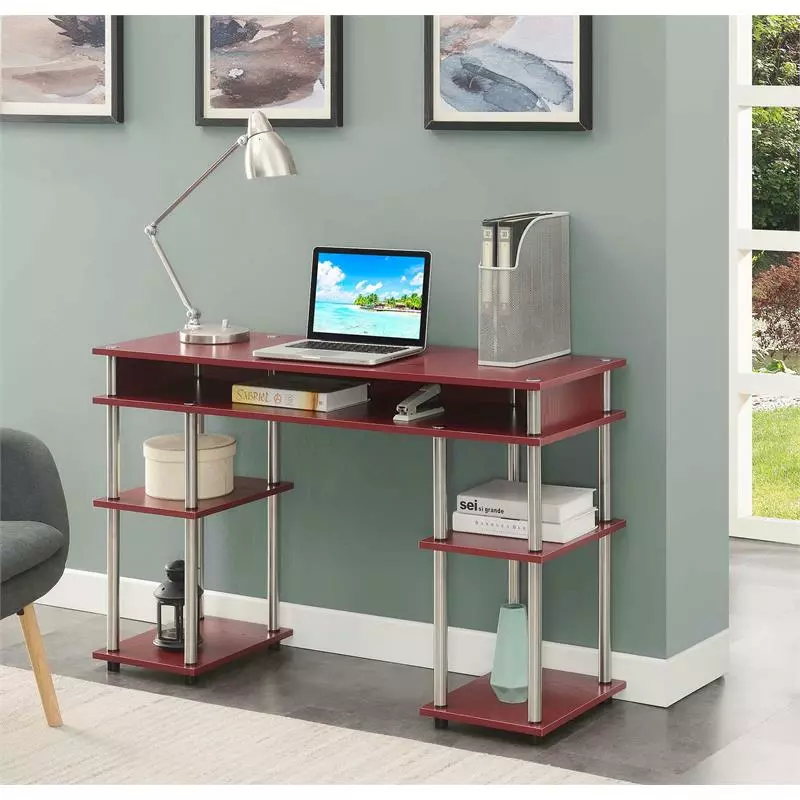 Pemberly Row No Tools Student Desk Shelves Cranberry Red Wood Finish