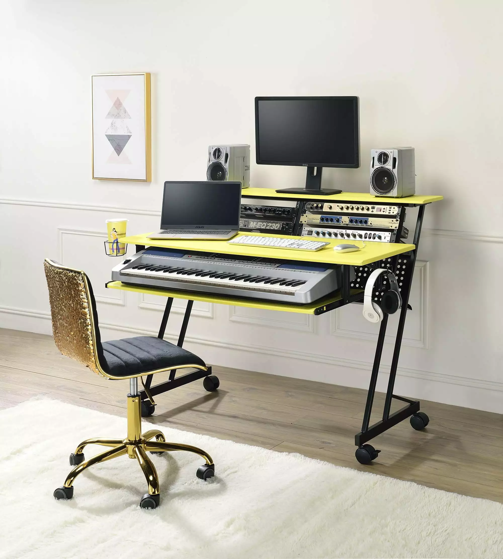 CoSoTower Suitor Music Recording Studio Desk - Yellow and Black Computer Desk Professionals