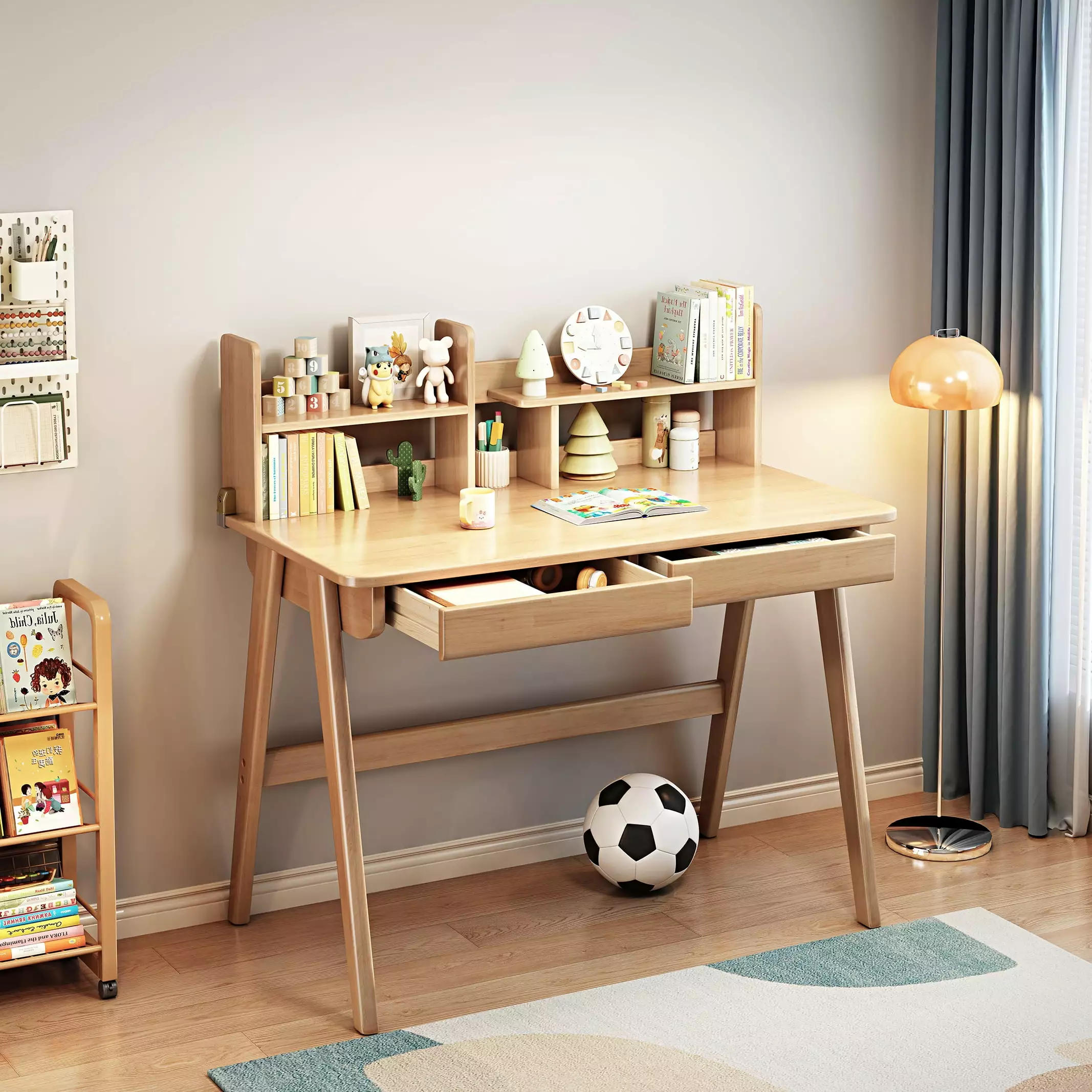 BALANBO 39.4 Inch Natural Kids Desk Drawer and Bookshelf