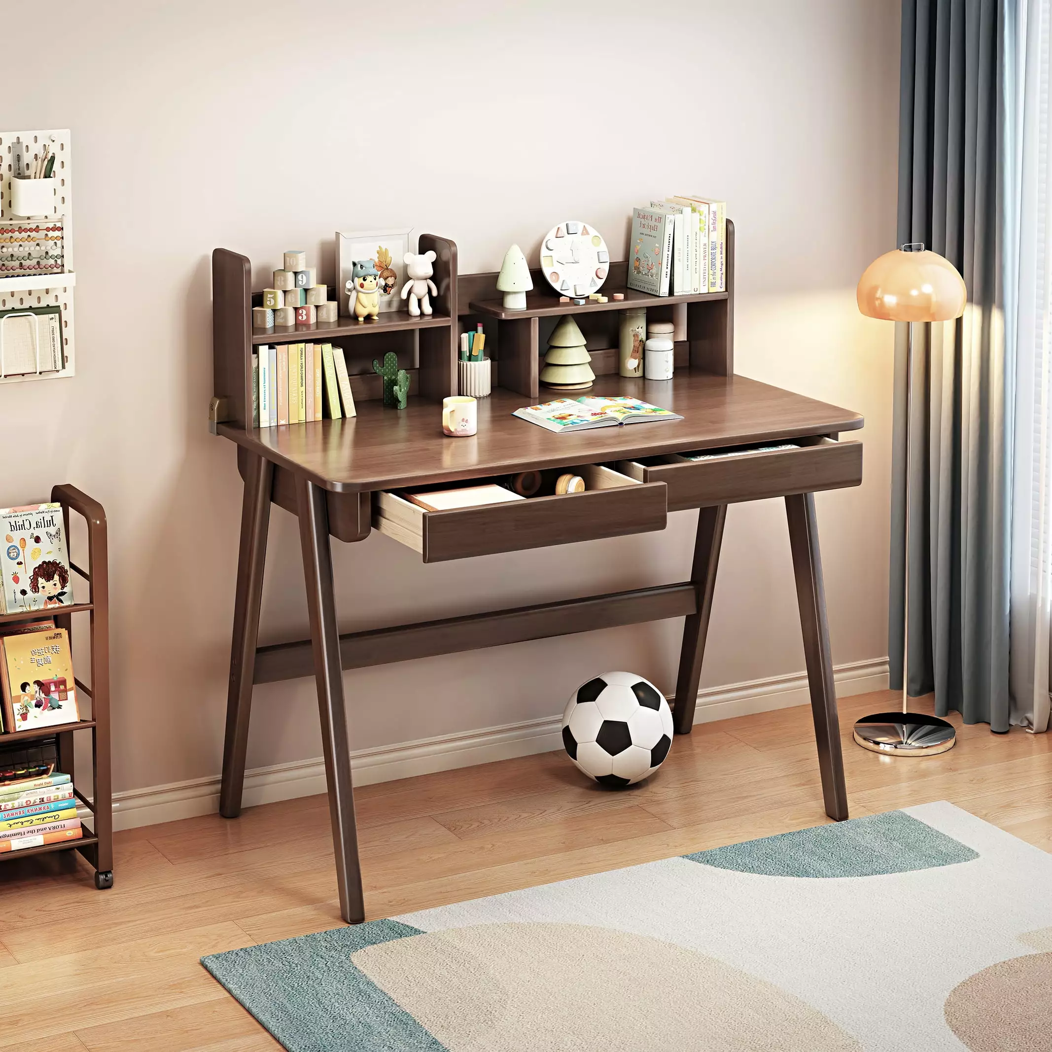 BALANBO 39.4 Inch Walnut Kids Desk Drawer and Bookshelf