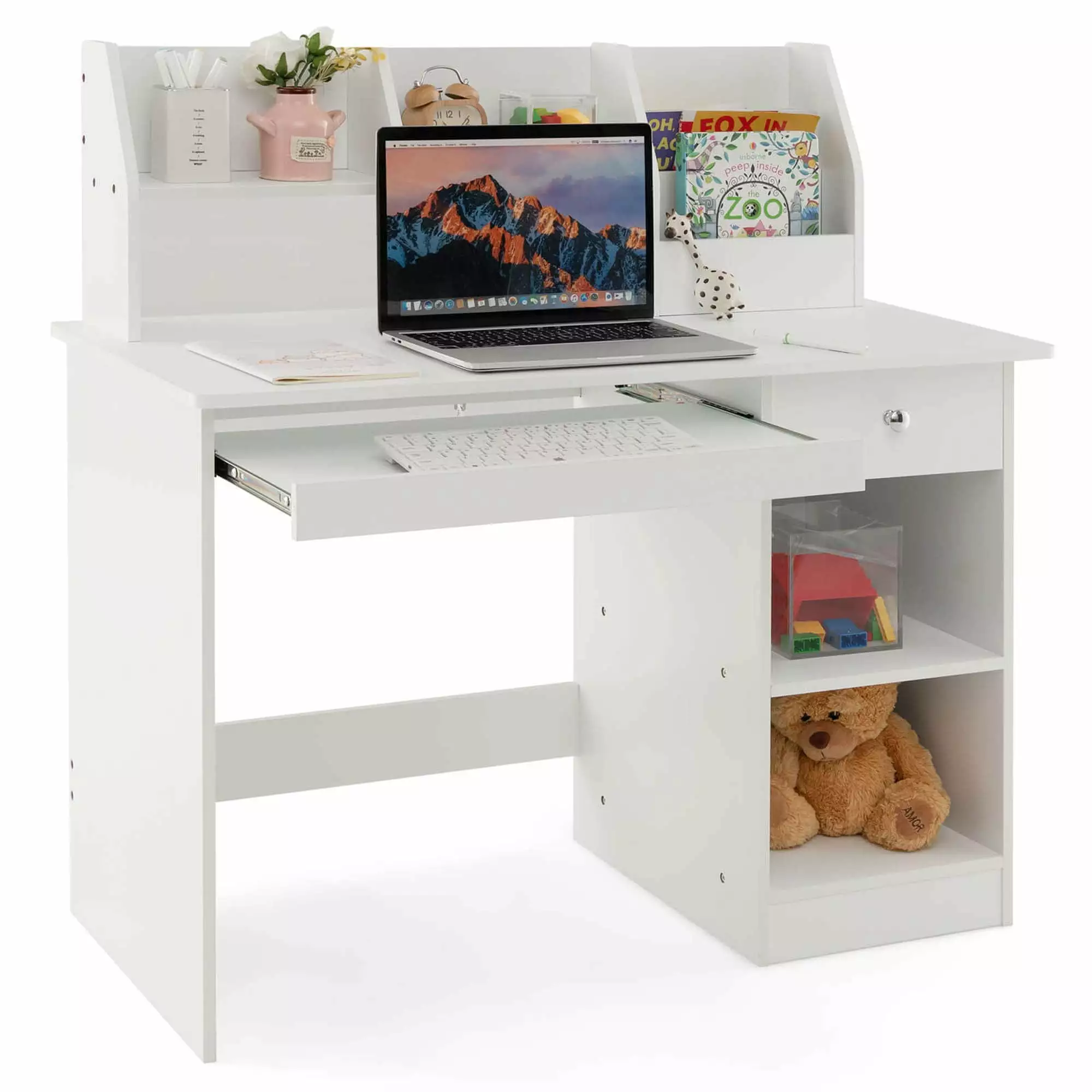 Costway Kids Study Desk Children Writing Table Hutch Drawer Shelves Keyboard Tray