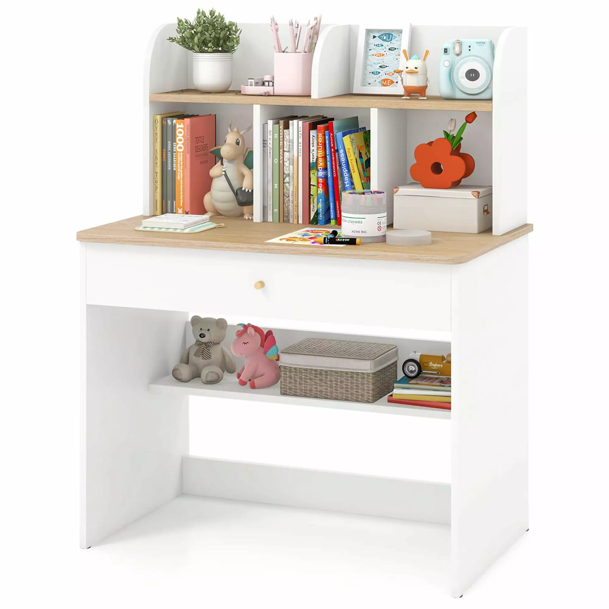 Costway Kids Wooden Study Desk Hutch and Drawer White Childrens Furniture