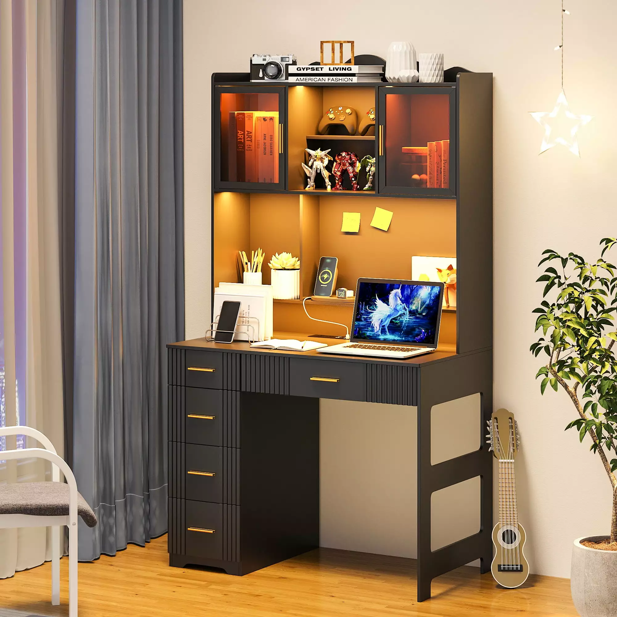 HNEBC LED Study Desk Hutch and Drawer Home Office Desk Outlet Computer Desk Charging Station
