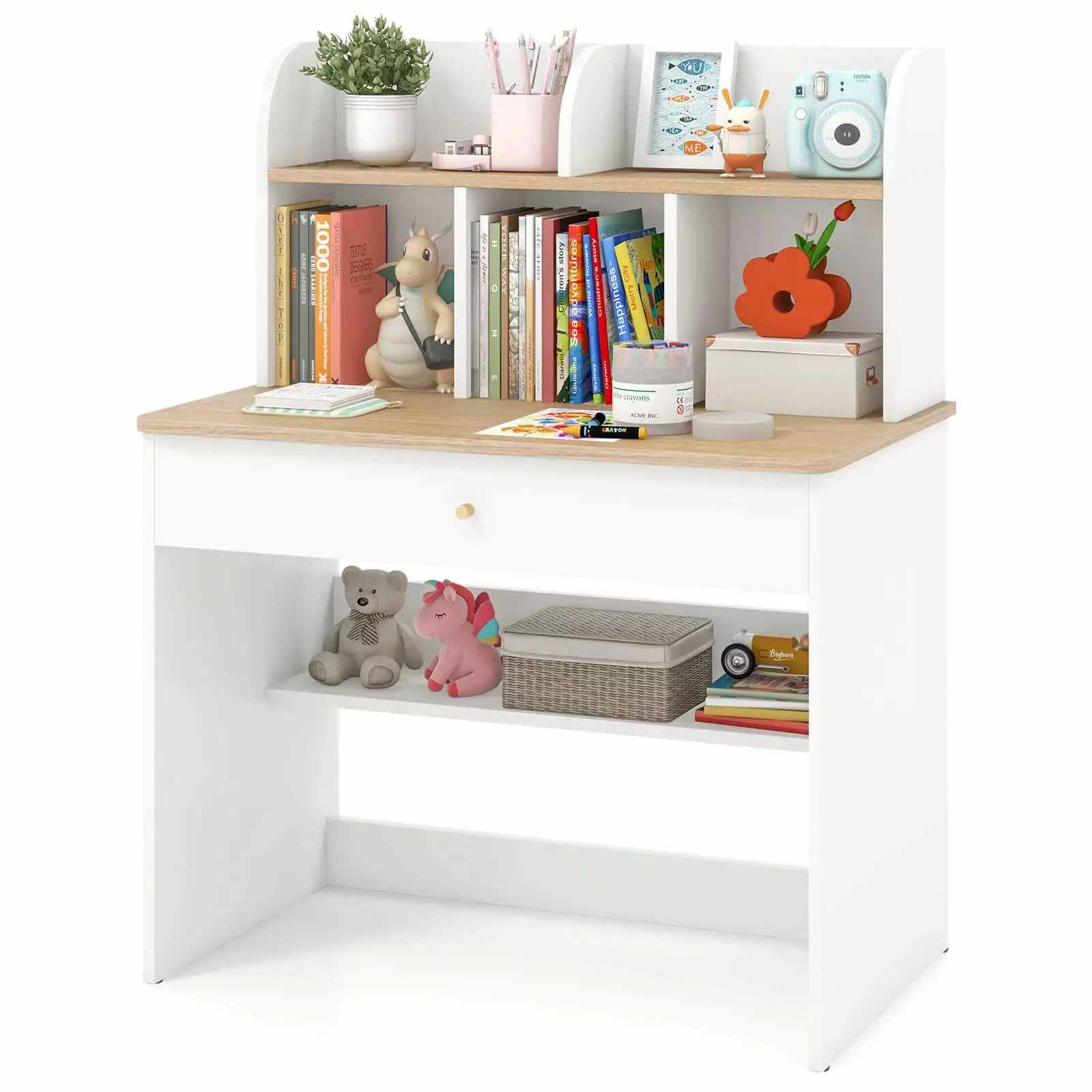 Infans Kids Wooden Study Desk Children Writing Table Hutch & Drawer White
