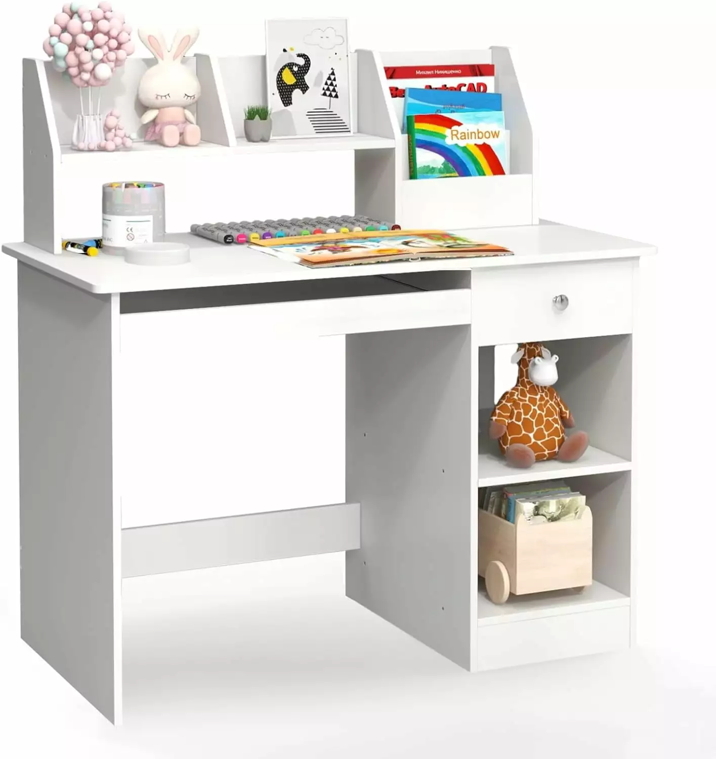 Kids Study Desk Hutch, Bookshelf, Keyboard Tray, and Storage Shelves - White Wooden Computer Desk Home School Use YOJFOTOOU