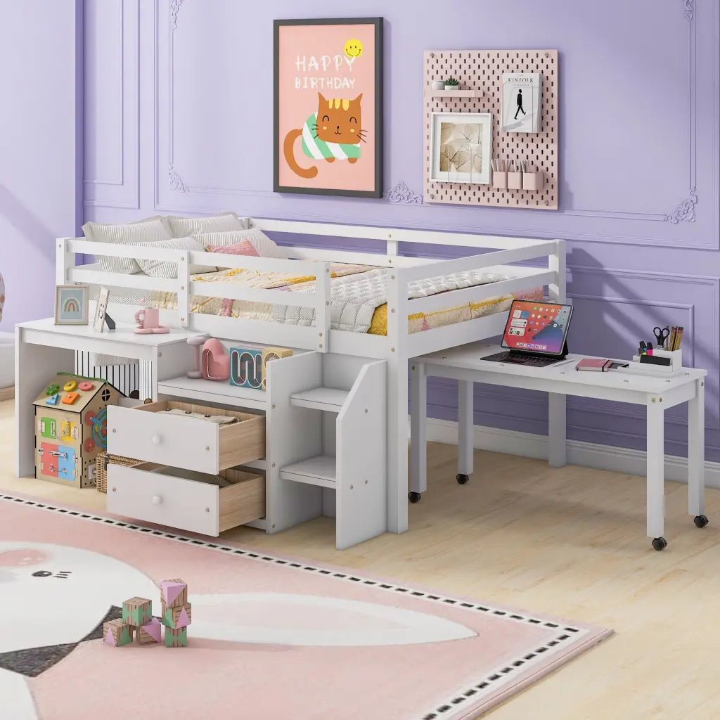 Full Size Wooden Loft Bed Built- Desk and Lateral Drawers Space Saving lucky furniture