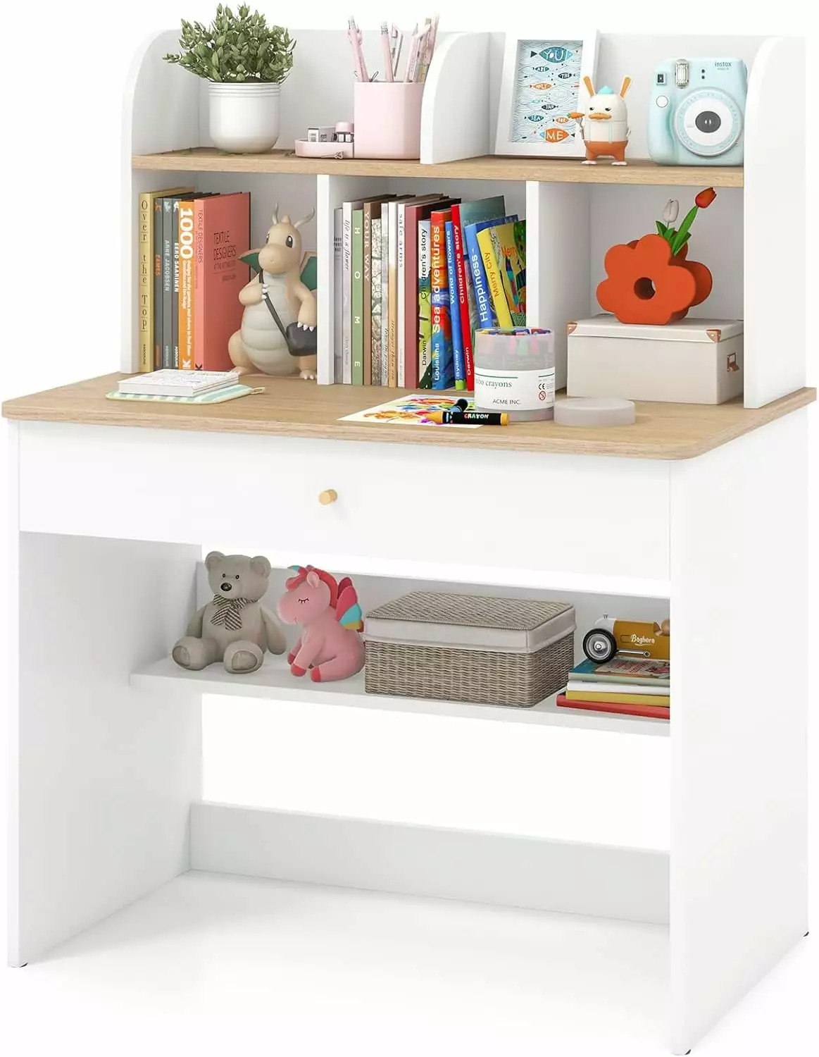 JOY White Kids Desk Hutch and Pull-Out Drawer Study bjhjxytz