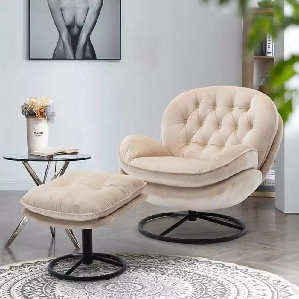 Swivel Accent TV Chair Ottoman Modern Velvet Armchair Reading Recliner Chair Footrest Living Room Indoor Bedroom Beige INC...