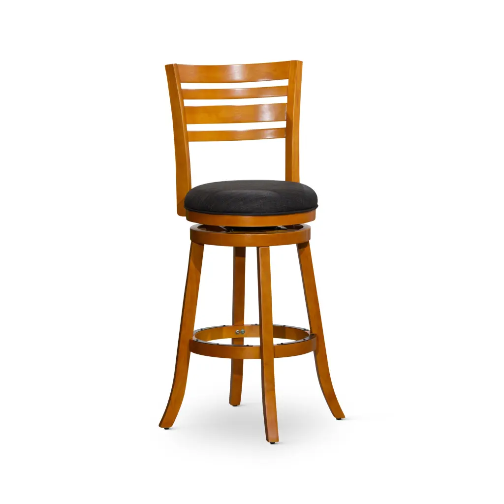 30 Inch Bar Height Slat Back Swivel Stool Natural Finish Charcoal Fabric dty home