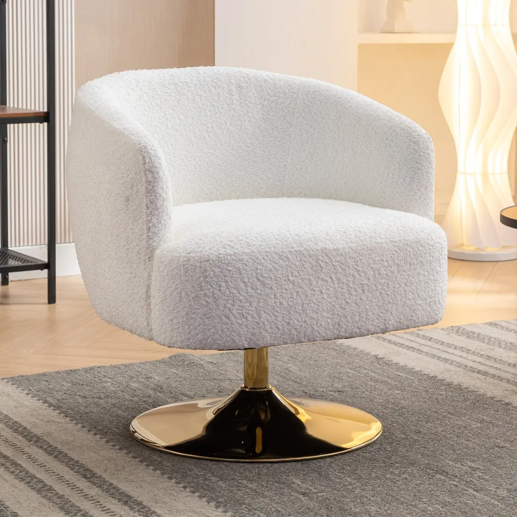 048 Chenille Fabric Accent Swivel Chair Gold Metal Round Base White dg collection