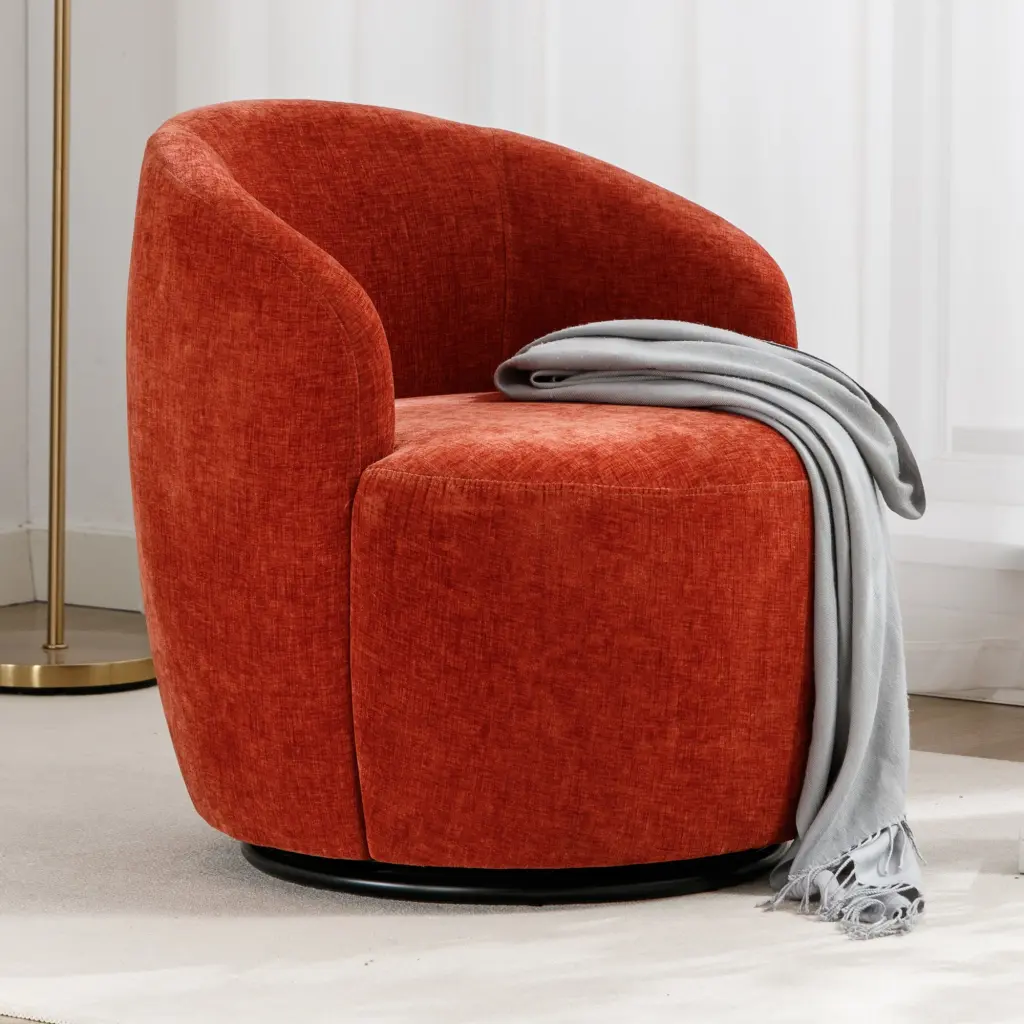 Chenille Fabric Swivel Accent Armchair Barrel Chair Black Powder Coated Base dg collection