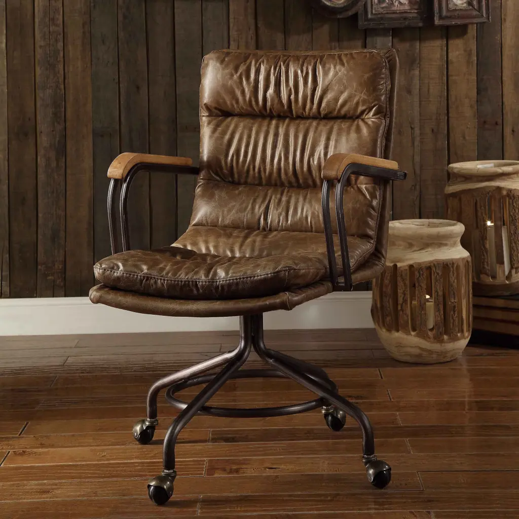 Vintage Whiskey Swivel Office Chair Casters Solid Wood Frame furniture max