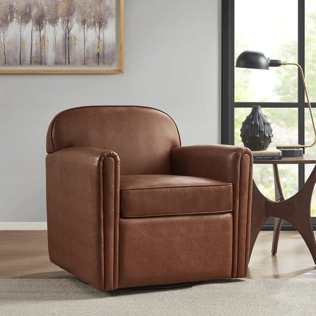 Faux Leather 360 Degree Swivel Arm Chair - Brown Polyester Modern Lounge Chair jla