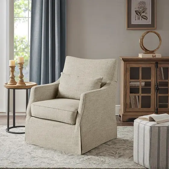 Skirted Swivel Chair Beige Wood Legs jla