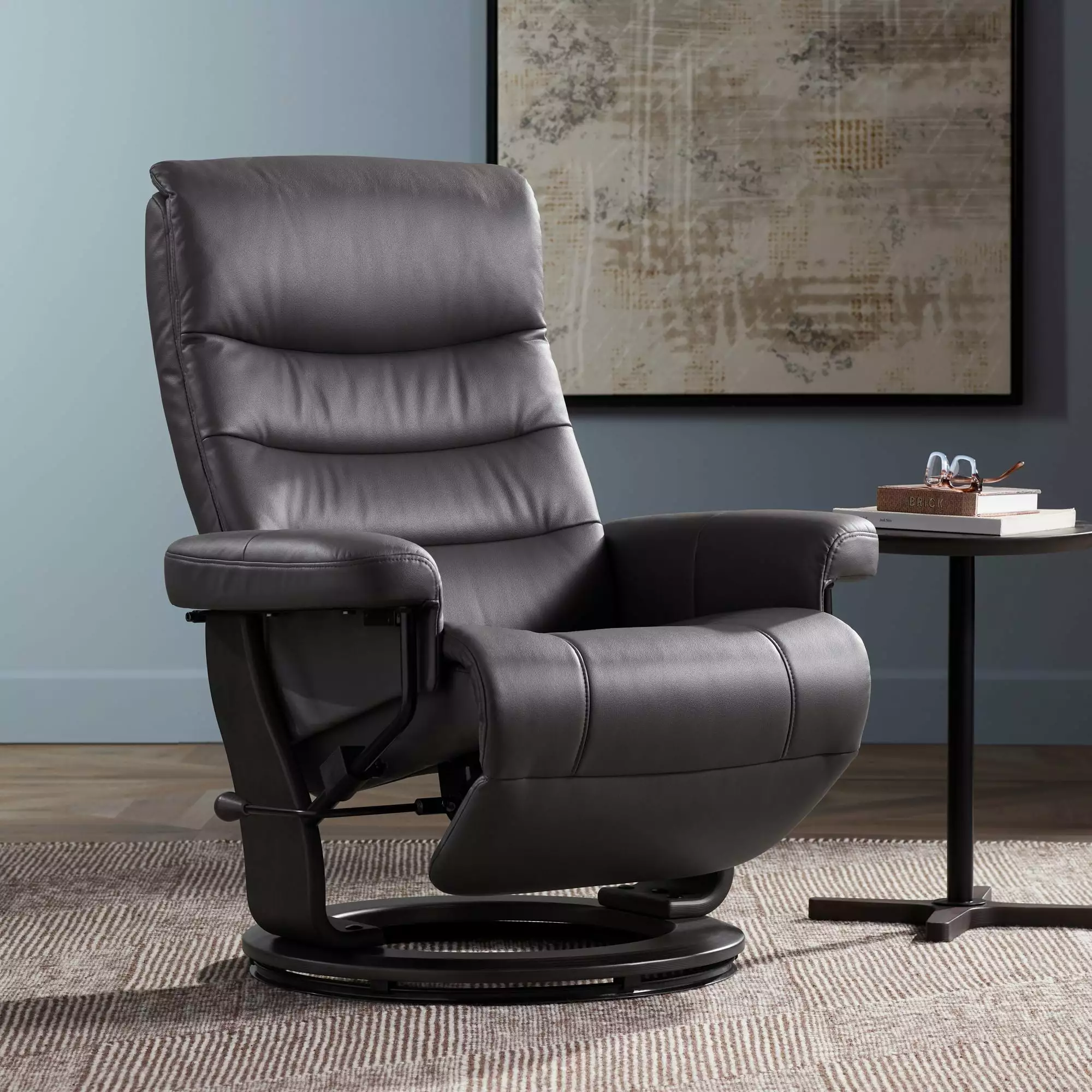 Benchmaster Peregrine Charcoal Faux Leather Flip Up Swivel Recliner - Modern Swivel Reclining Chair