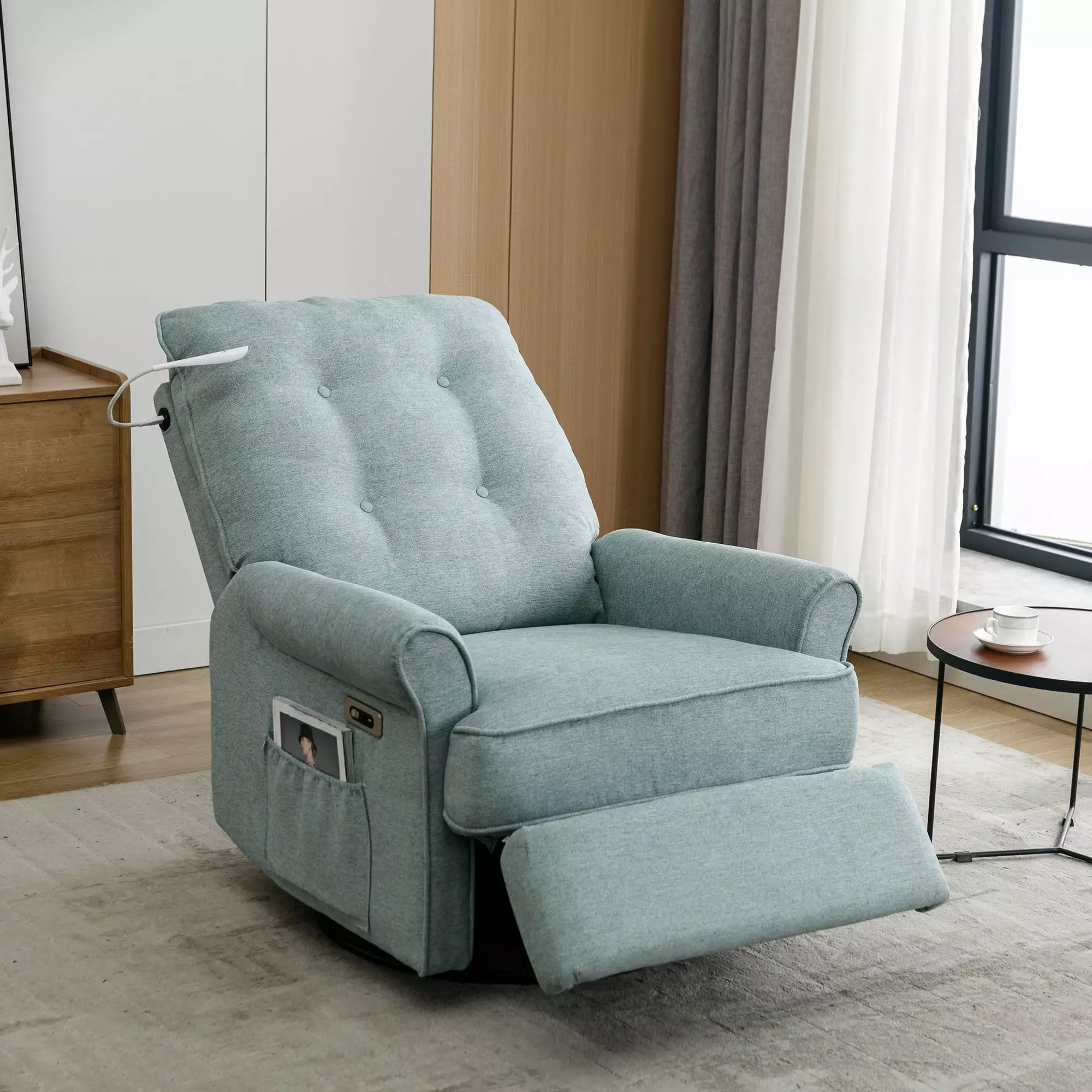 DeeHome 270 Degree Swivel Recliner Chair USB Port, Side Pocket, and Touch Sensitive Lamp Lotus Green