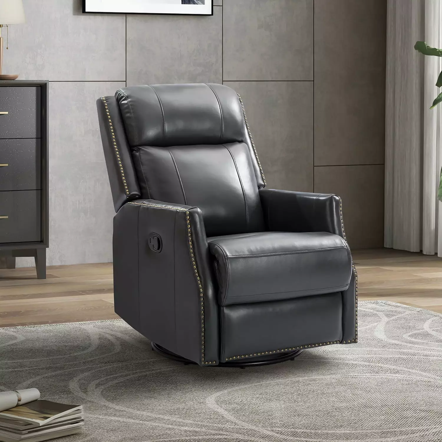 Hesperides Genuine Leather Manual Swivel Recliner Black Jamini