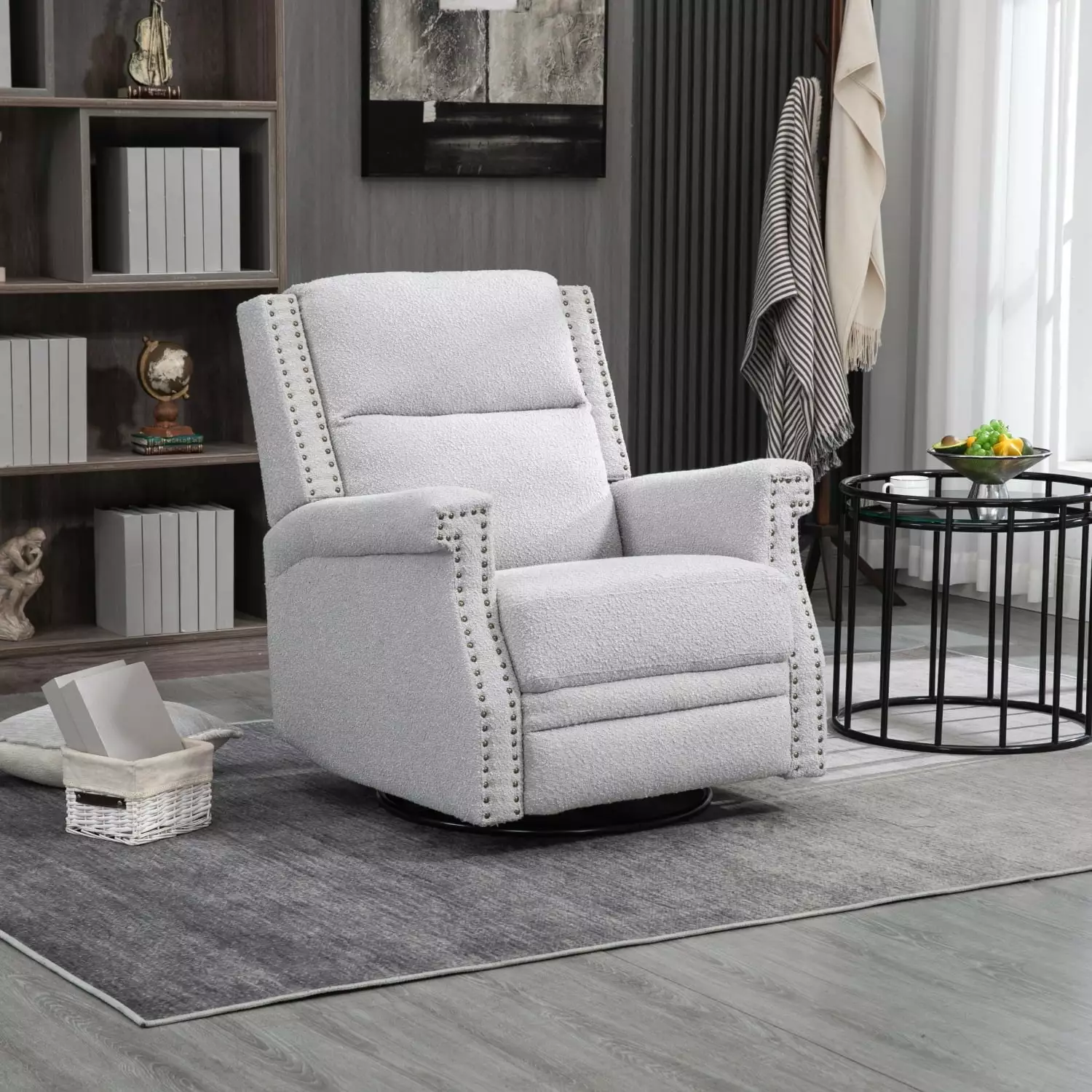 360 Degree Swivel Recliner Chair Soft Boucle Manual Reclining Leisure Armchair Nursery Living Room Gray Ponnky