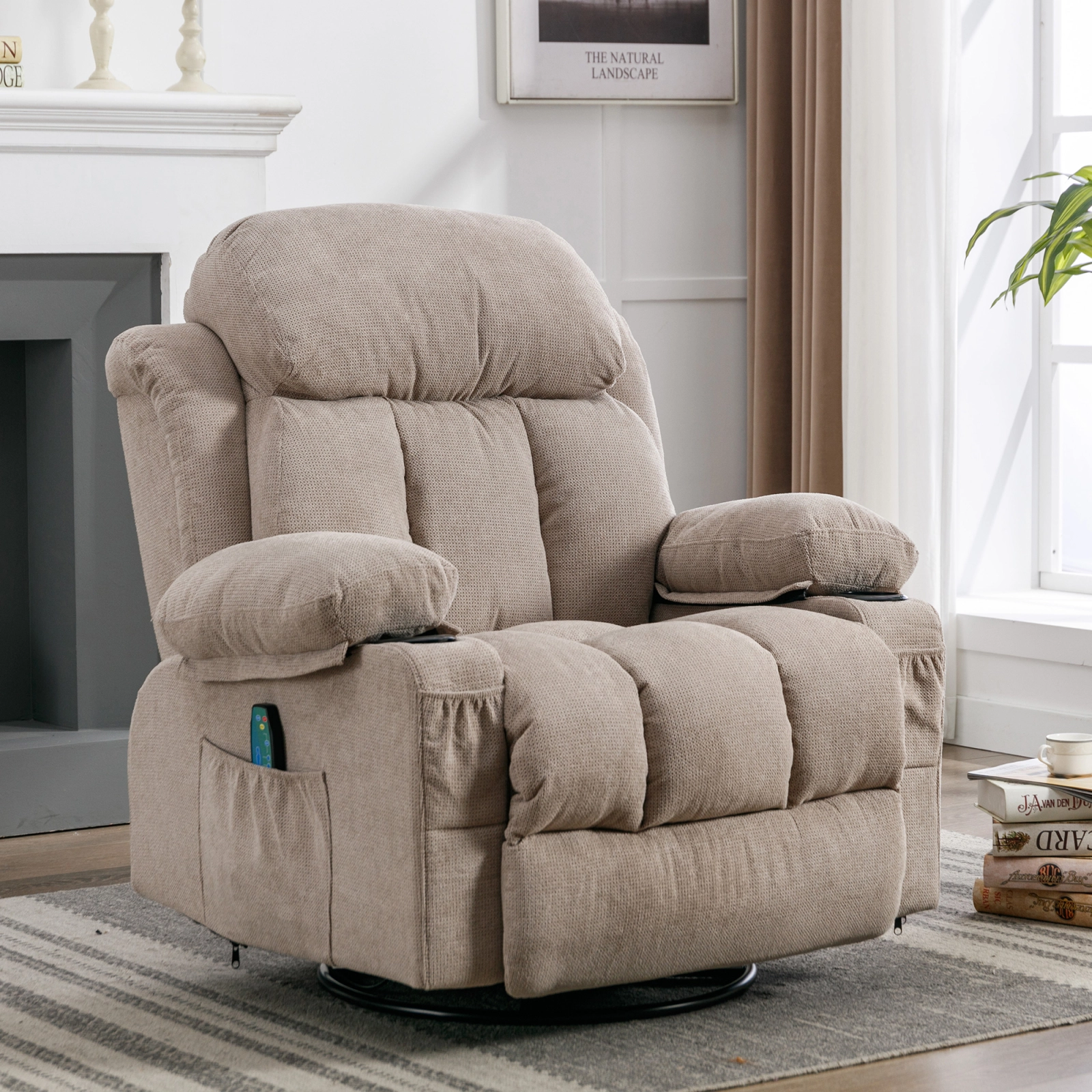 Light Brown Vanbow Heated Massage Swinging Recliner USB and Cup Holders Ponnky