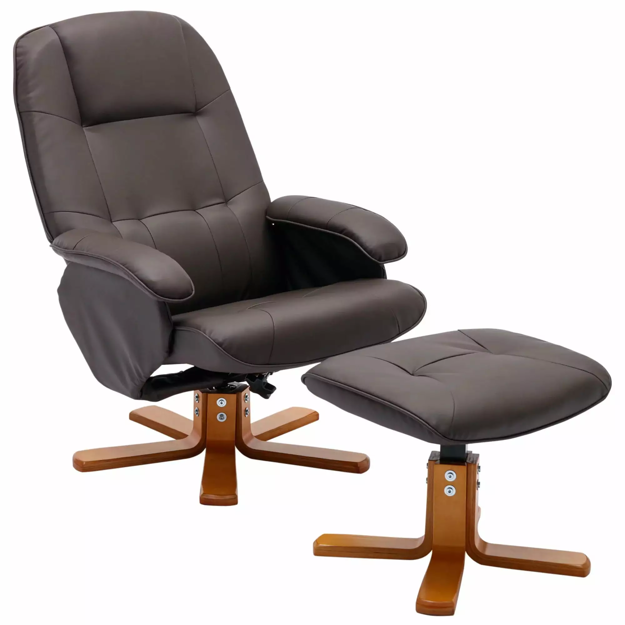 Recliner Chair Ottoman Swivel Recliner Faux Leather Beige Grey Wood Base Living Room Bedroom