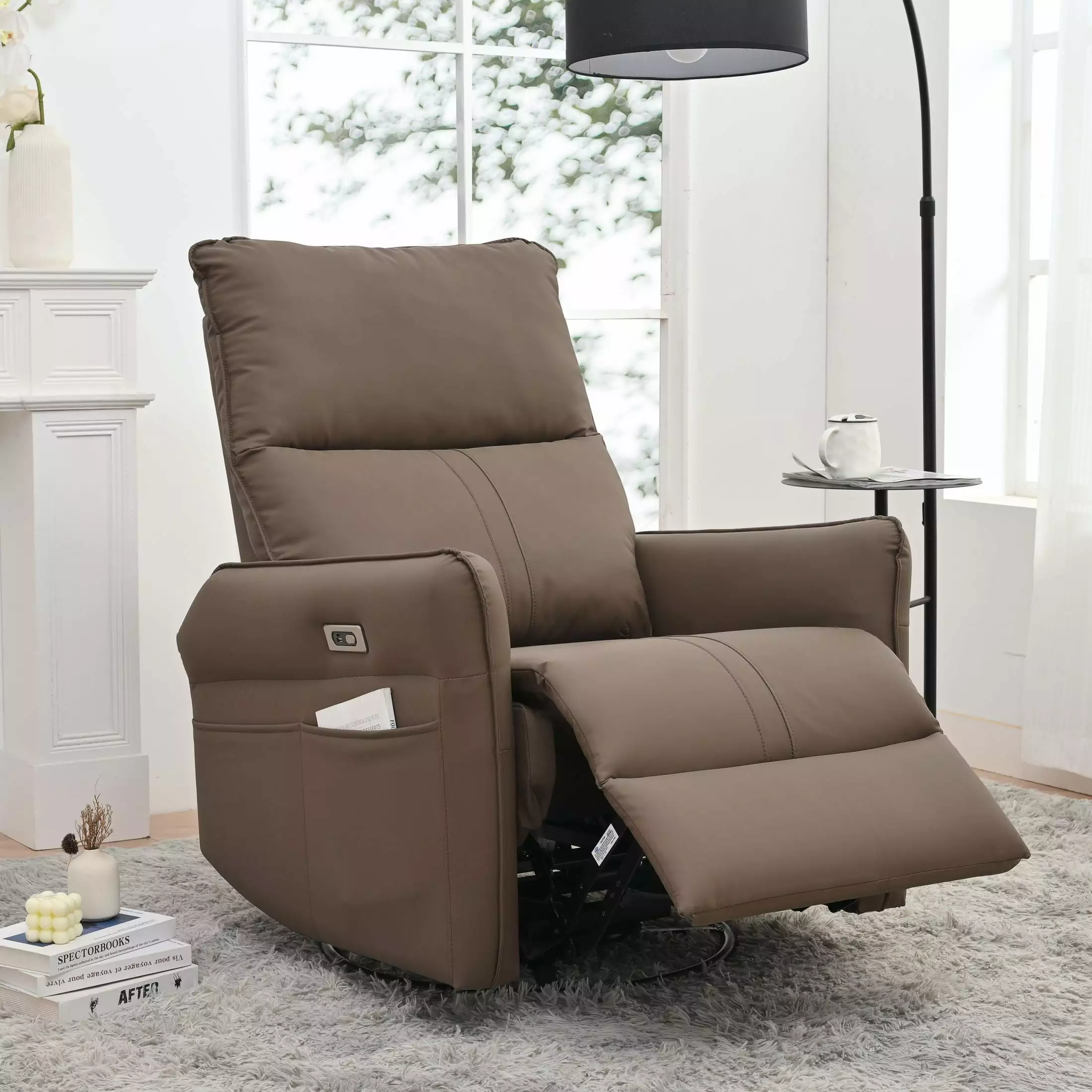 270 Degree Power Swivel Rocker Recliner Chair Electric Glider USB Ports Brown CNCJ