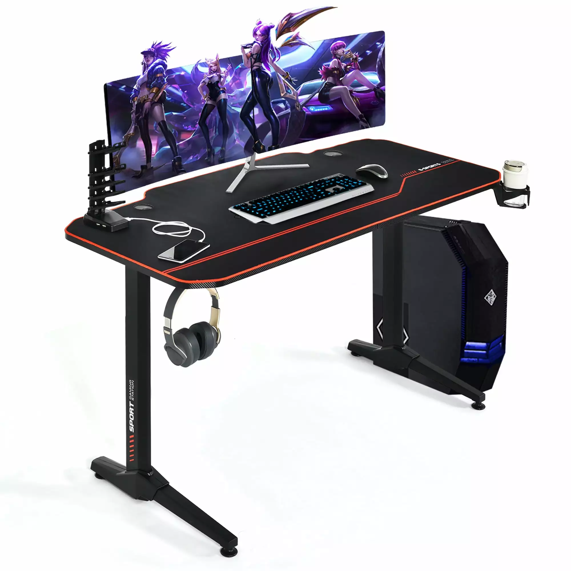 Costway 55 Inch Gaming Desk T-Shaped Computer Desk Full Desk Mouse Pad and Gaming Handle Rack