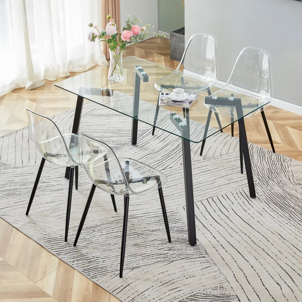 Transparent Glass Tabletop Black Metal Table and Chair Set Modern Dining Furniture droom w-1151