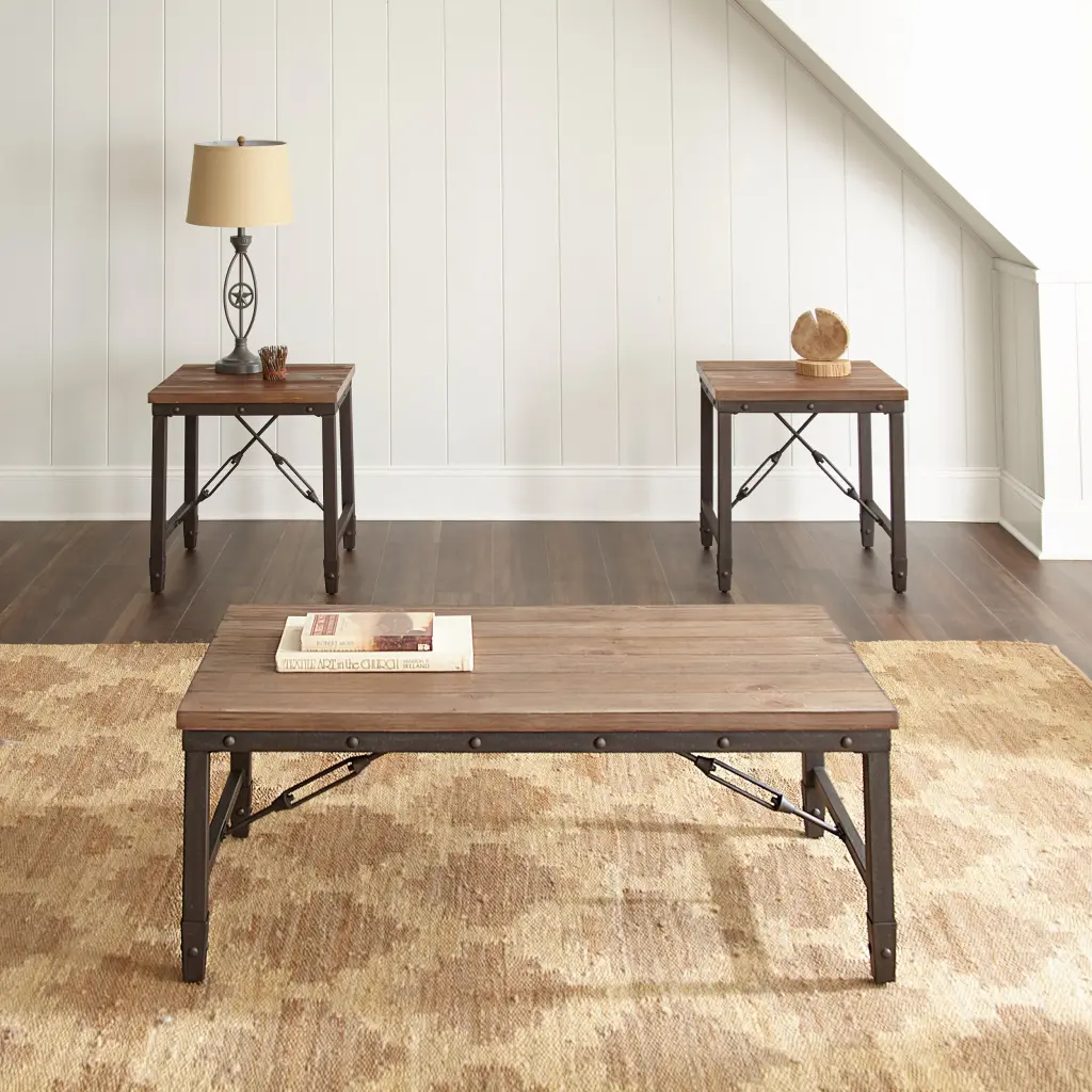Jersey 3 Pieces Occasional Table Set Brown Iron Coffee Table Nesting Tables steve silver furniture