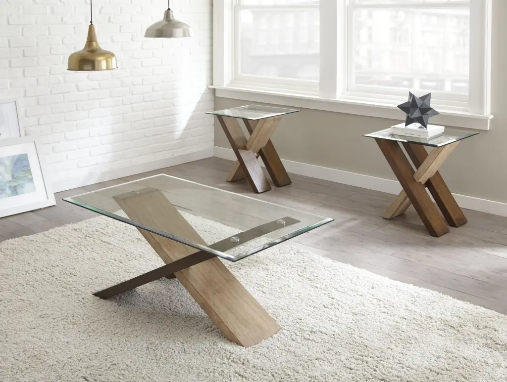 Tasha 3 Piece Table Set Cocktail 2 End Tables Set Brown Glass Top steve silver furniture