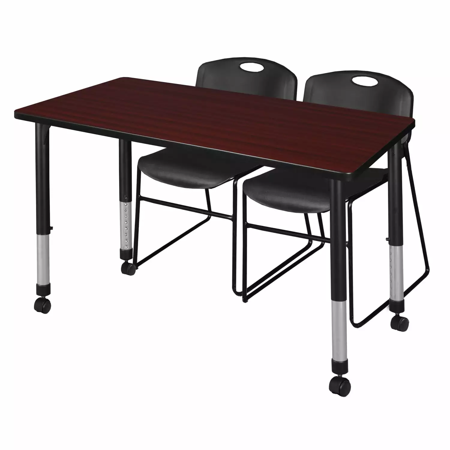 Regency 48 x 24 . Kee Height Adjustable Mobile Classroom Table Mahogany 2 Zeng Stack Chairs Black