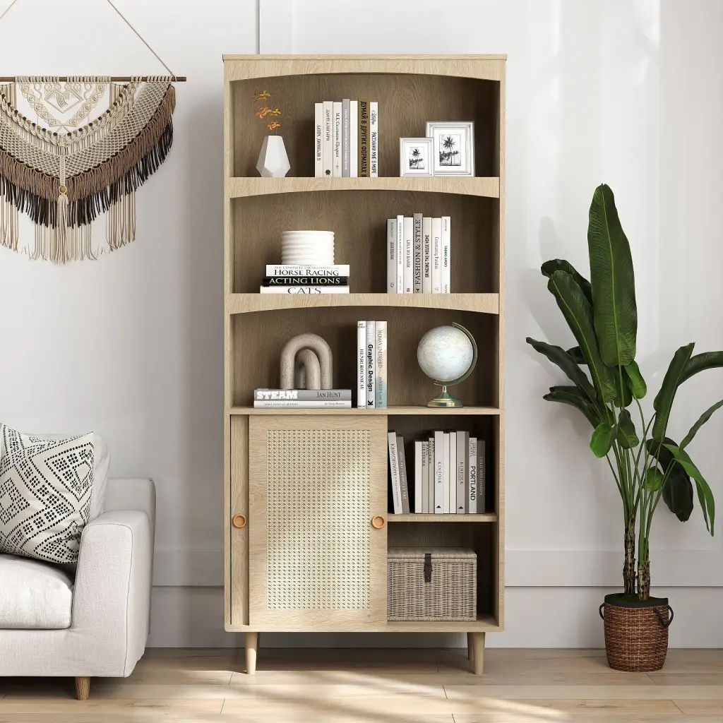 Bookcase Tall 5 Tier Boho Bookshelf Door Storage Adjustable Shelves vanvusonfurniture