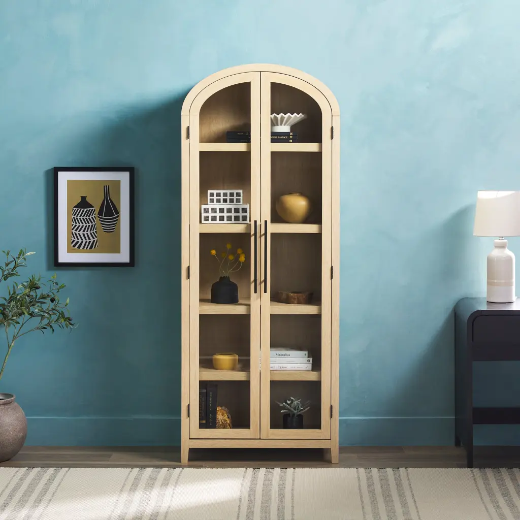 Modern 5 Shelf Arched Tall Bookcase Glass Doors Oak MDF walker edison
