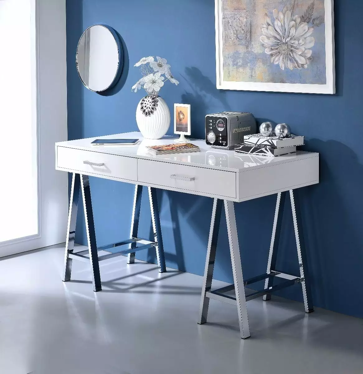 GeeHome Coleen Built- USB Port Writing Desk White High Gloss & Chrome Finish - Modern Tech Desk