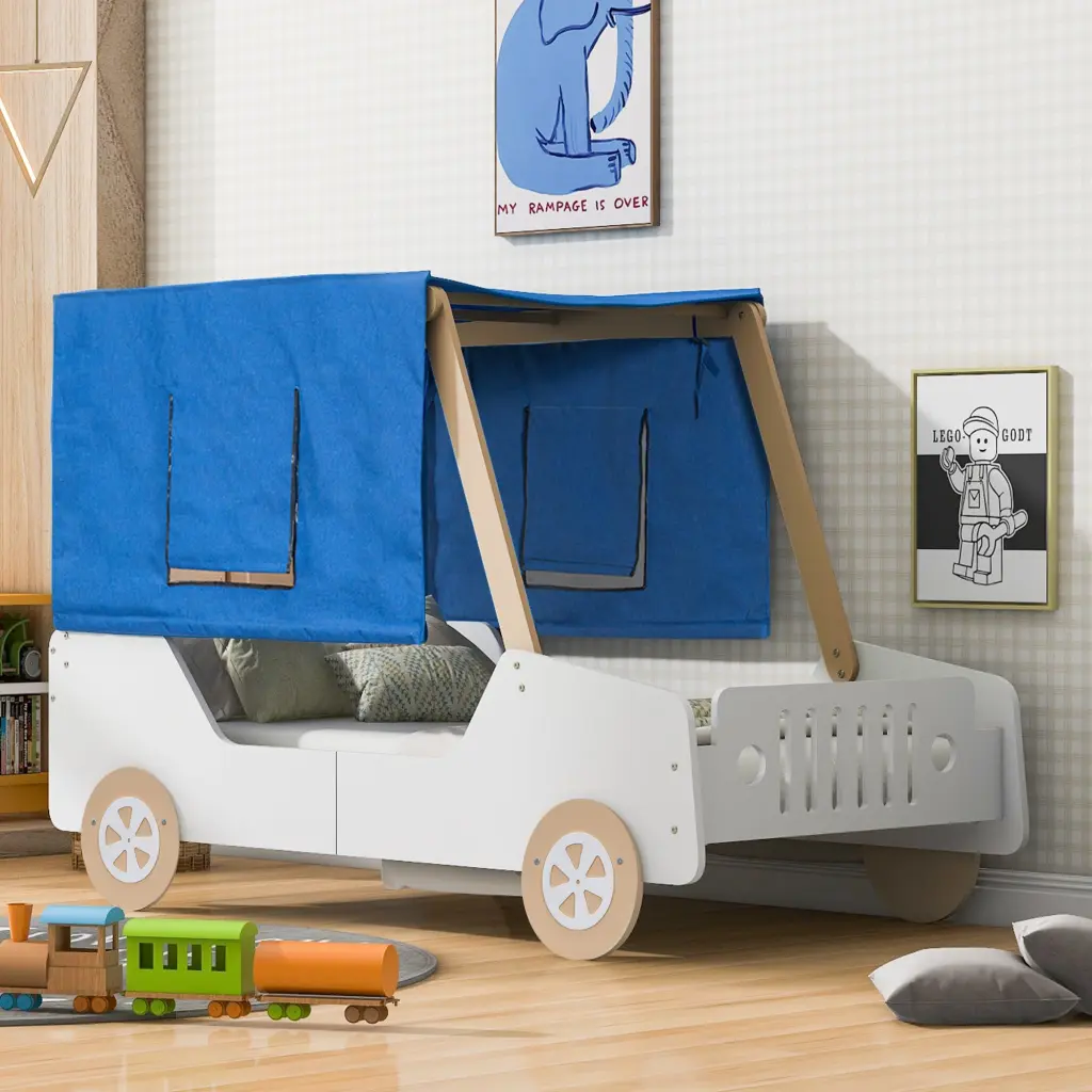 Twin Size Car Influenced Bed Tents, White Natural Plywood Kids Room lucky furniture