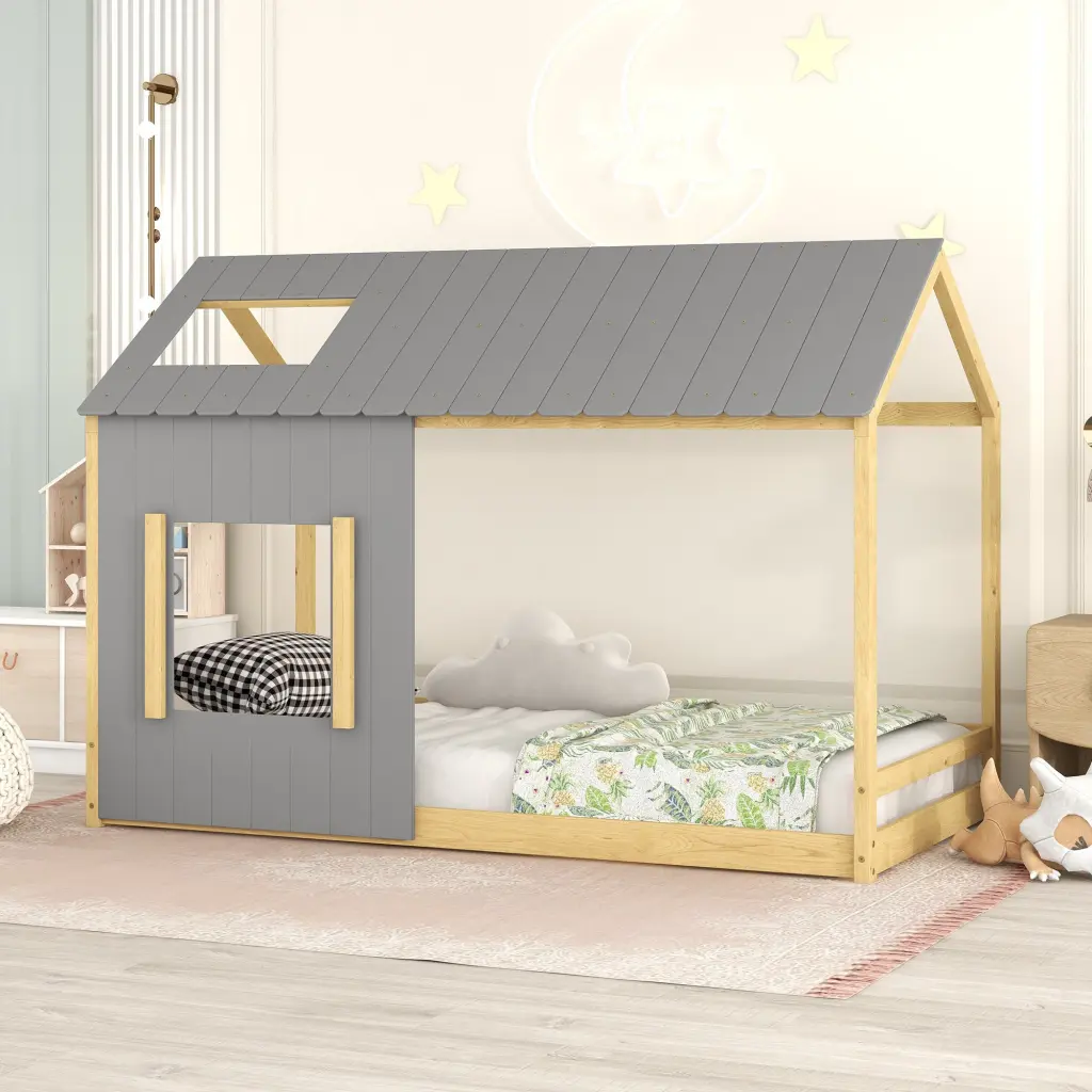 Twin Size Houtilize Bed Roof And Window Gray Natural MDF Kids Play Bed lucky furniture