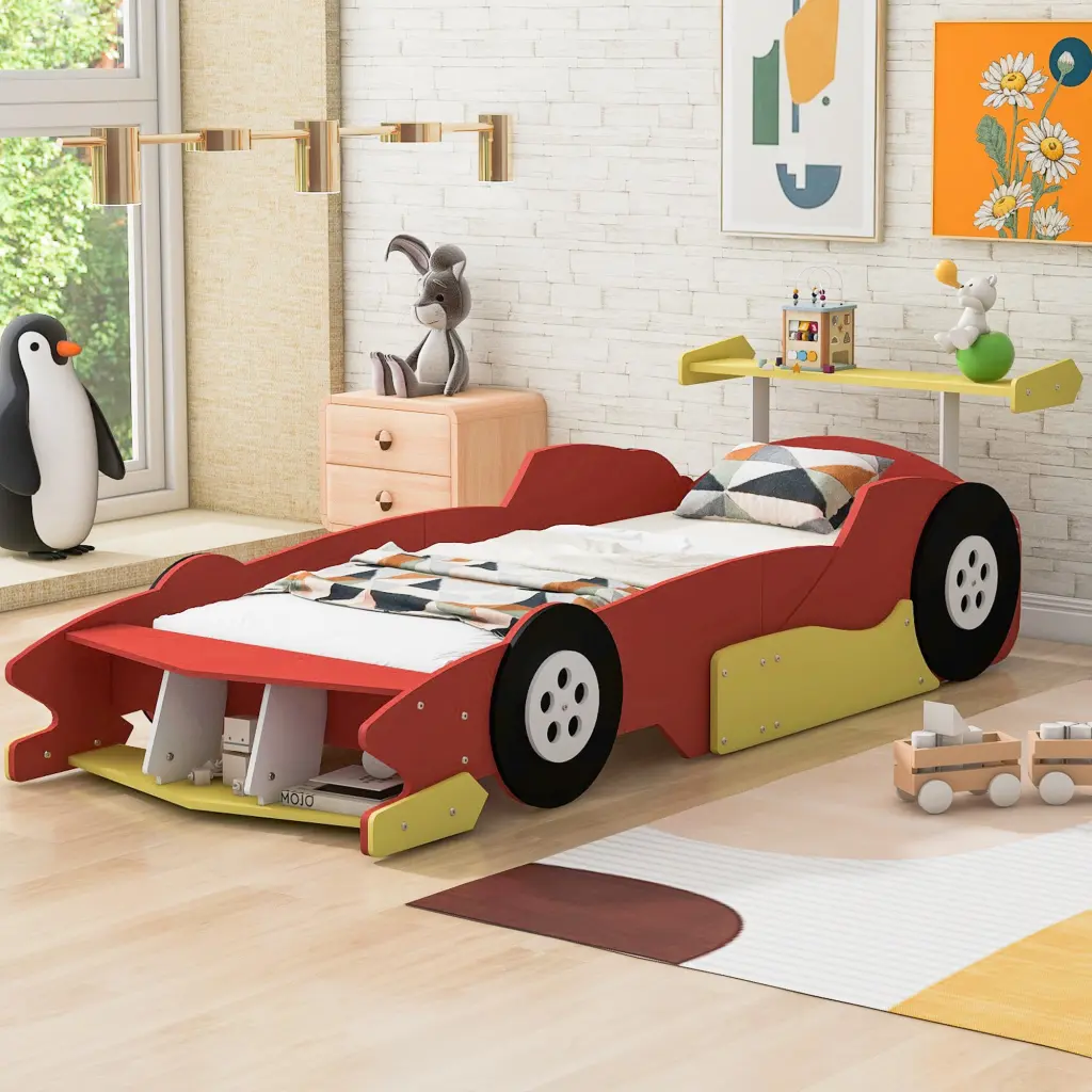 Twin Size Race Car Influenced Platform Bed Wheels Red Plywood Design lucky furniture