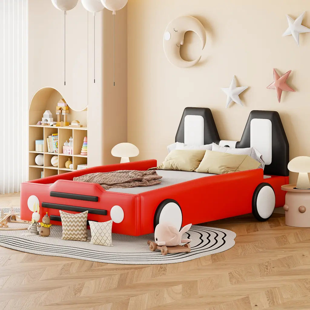 Twin Size Race Car Platform Bed Wheels Red Pu Leather Design lucky world