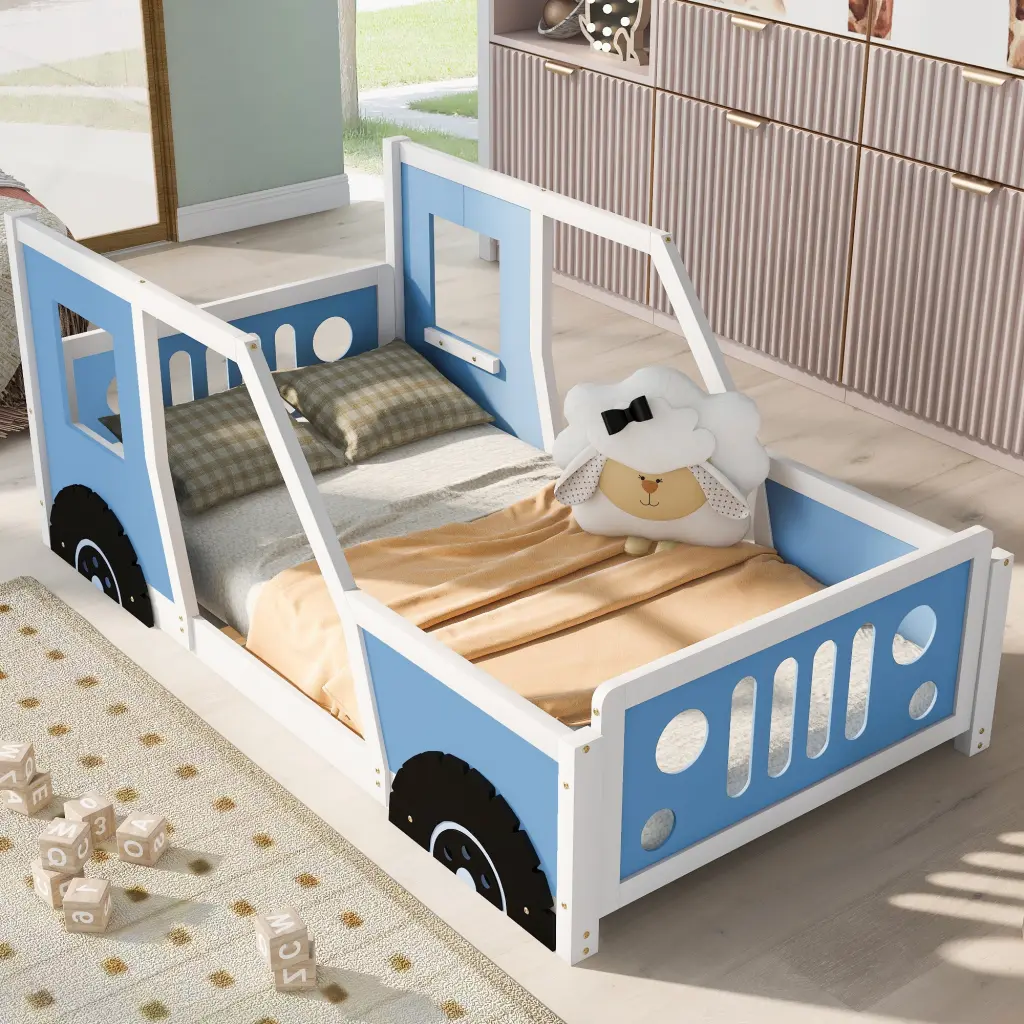 Twin Size Car Shaped Platform Bed Wheels Blue Box Spring Design wm store