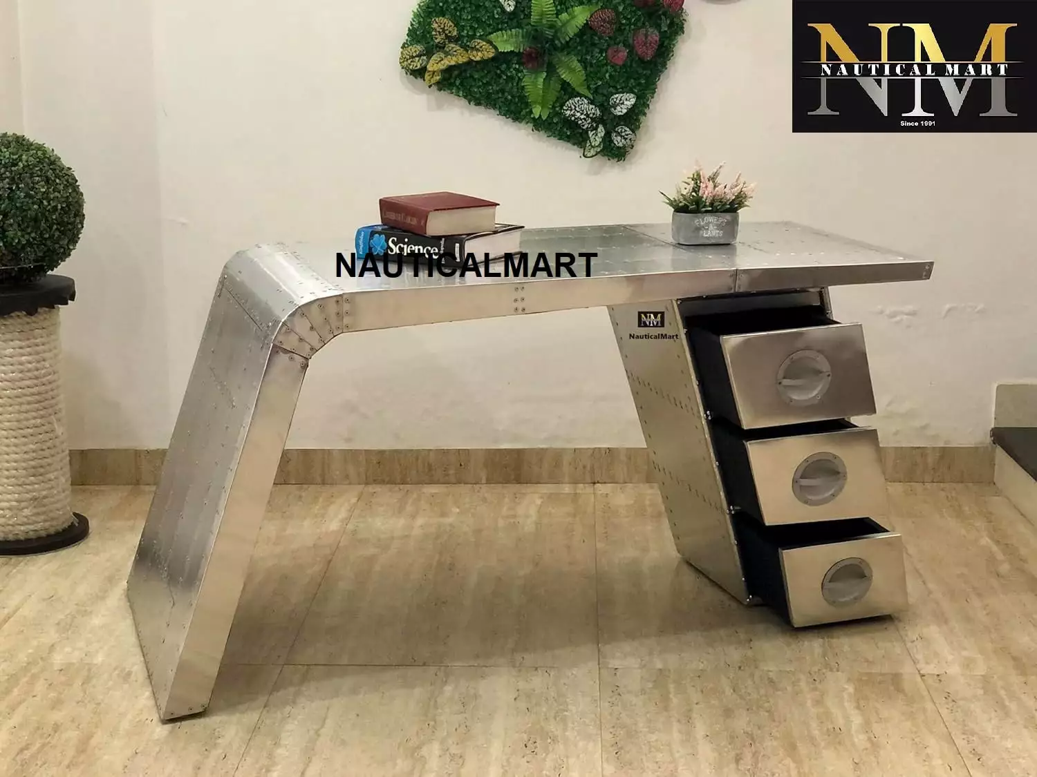 NauticalMart Aviator Wing Desk Aluminium Table Home Office Aviator Furniture Decor Three Drawer 68 Inches