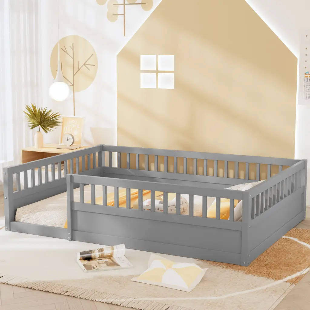 Full Floor Bed Frame Fence Wood Kids Floor Beds Frame Bedroom w2593