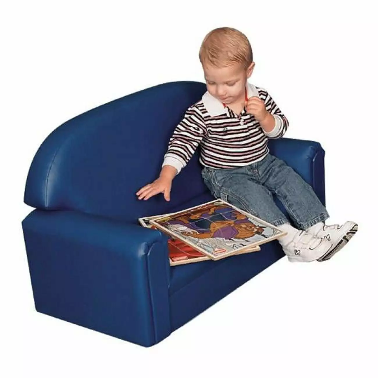 34in Vinyl Toddler Sofa Sturdy Hardwood Frame Blue Kids Furniture LatestLuxury