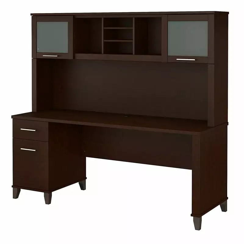 Pemberly Row 72W Mocha Cherry Wood Office Desk Hutch Engineered Wood