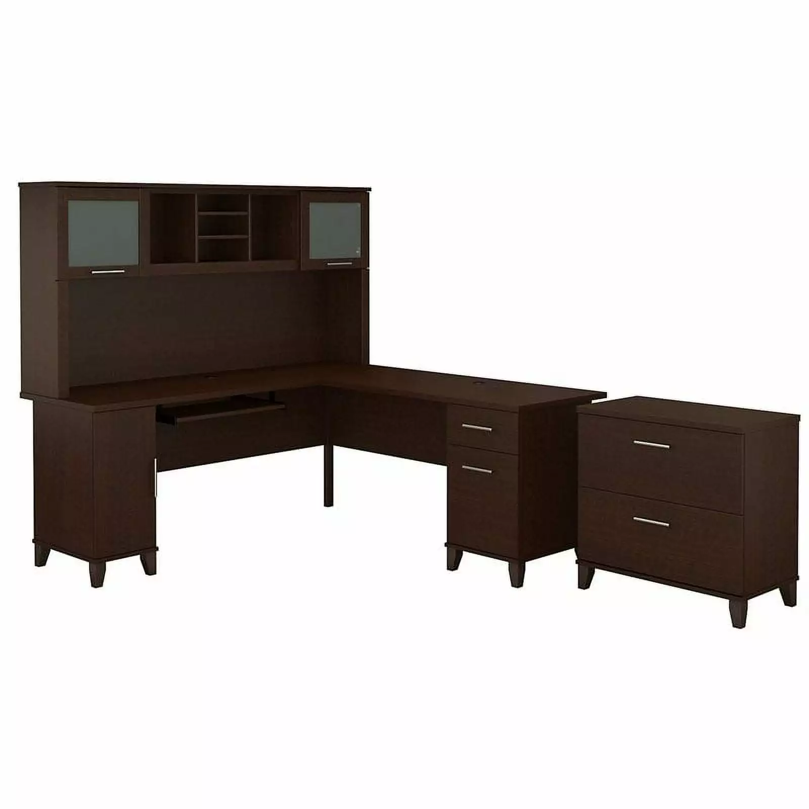 UrbanPro 72W L-Shaped Office Desk Hutch and File Cabinet Mocha Cherry