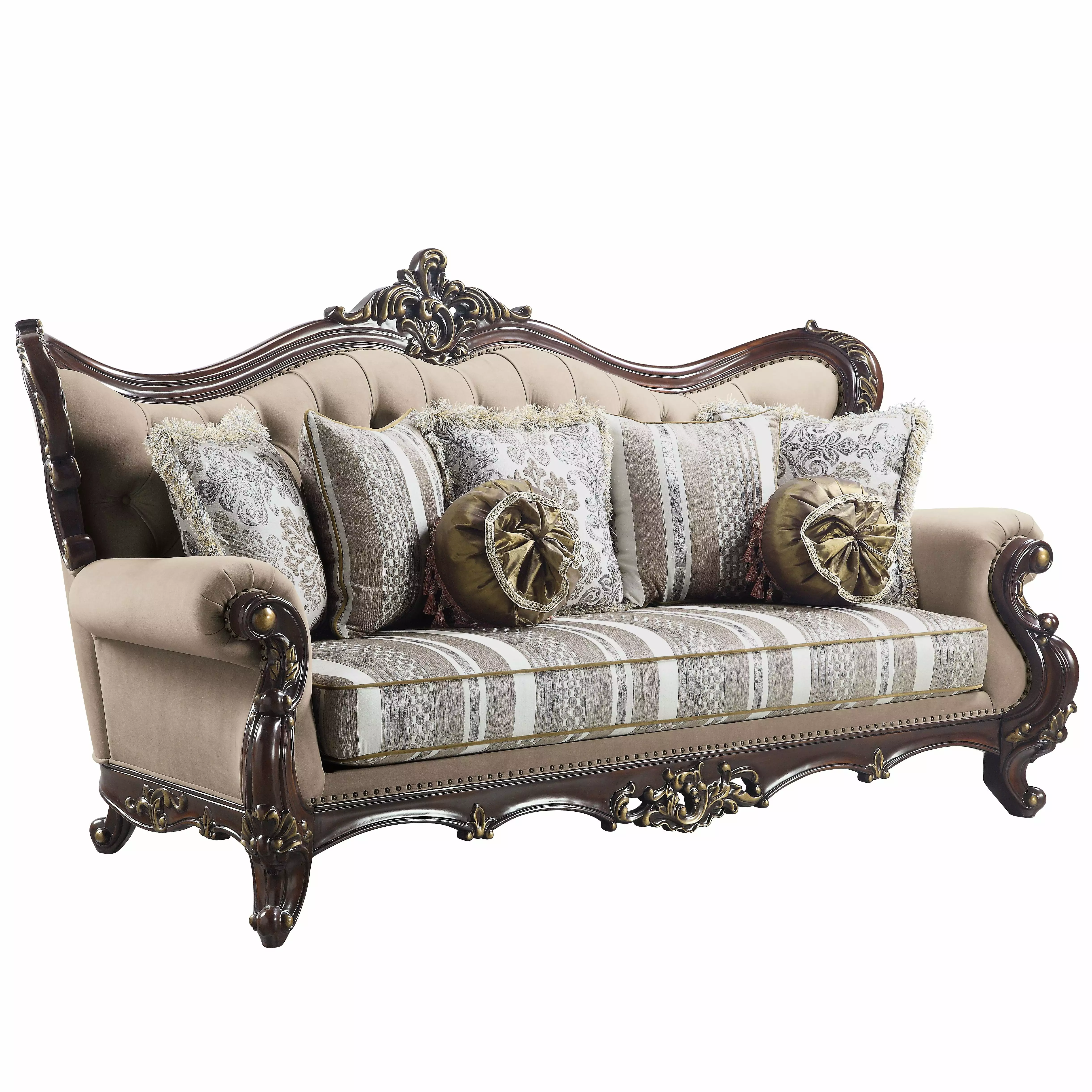 Ragnar Sofa 7 Pillows - Light Brown Linen & Cherry Finish Living Room Couch Acme Furniture