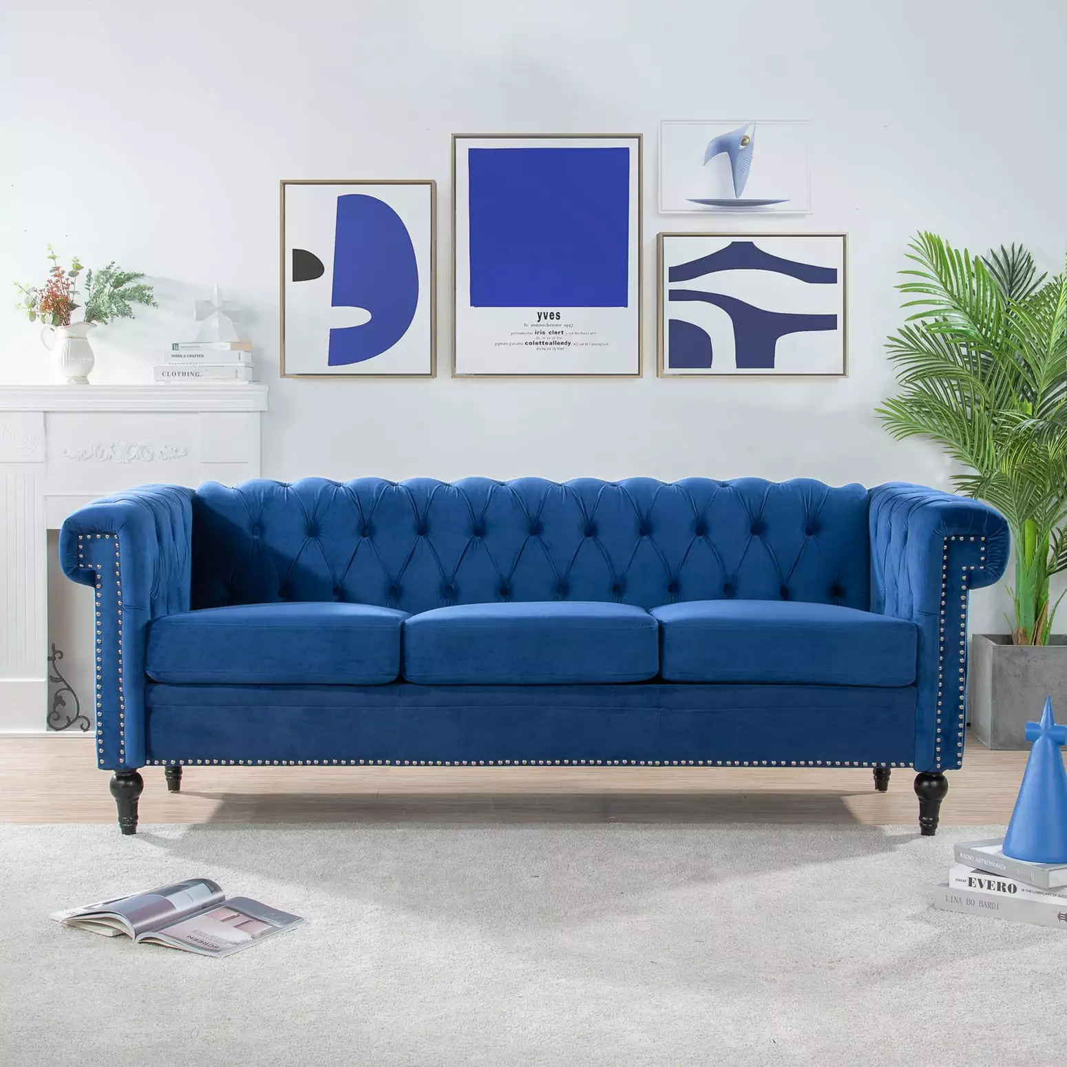 Blue 83.66 Inch 3-Seater Sofa Traditional Square Arm Design Removable Cushions Ponnky