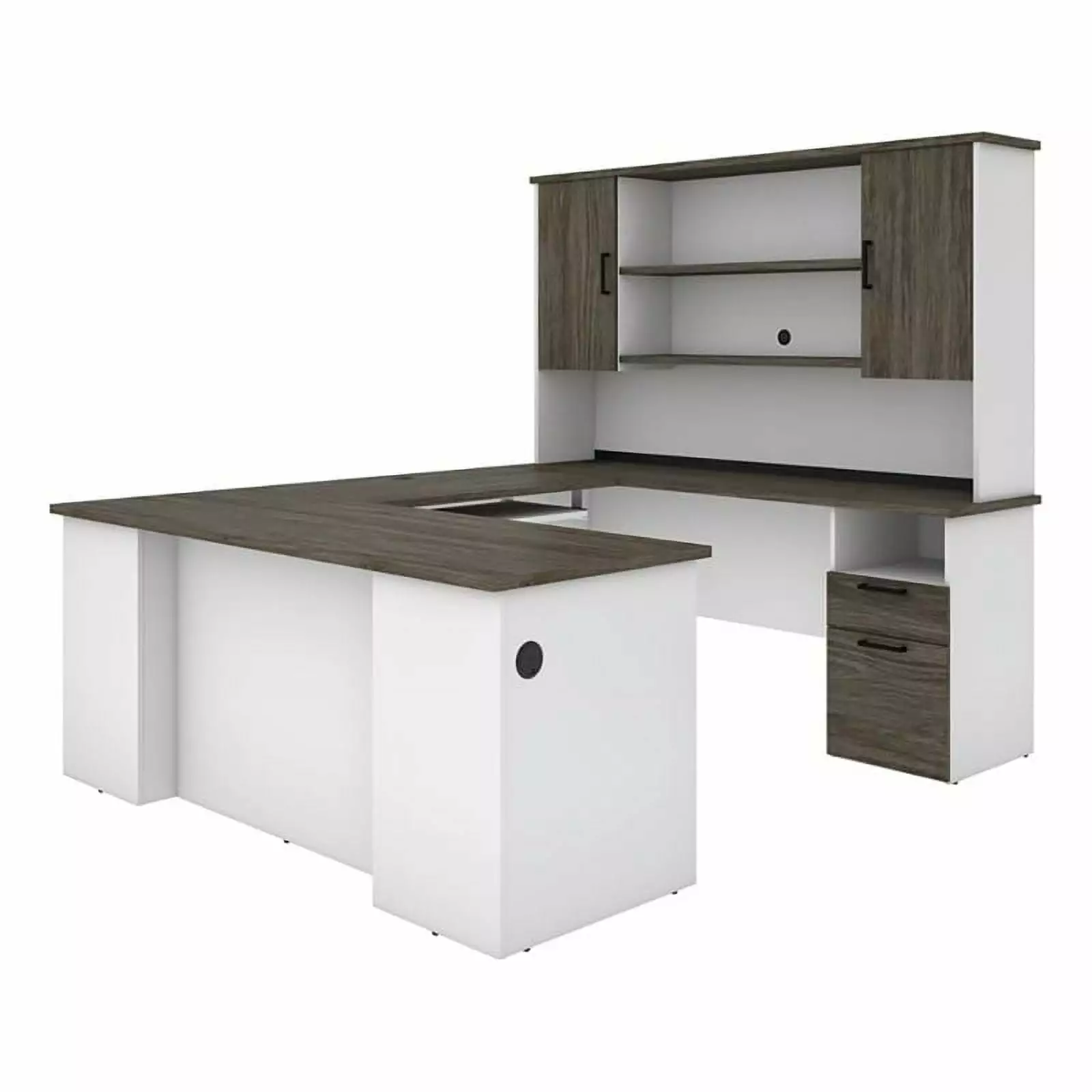 Atlin Designs Transitional U-Shaped Wood Computer Desk Hutch Gray White