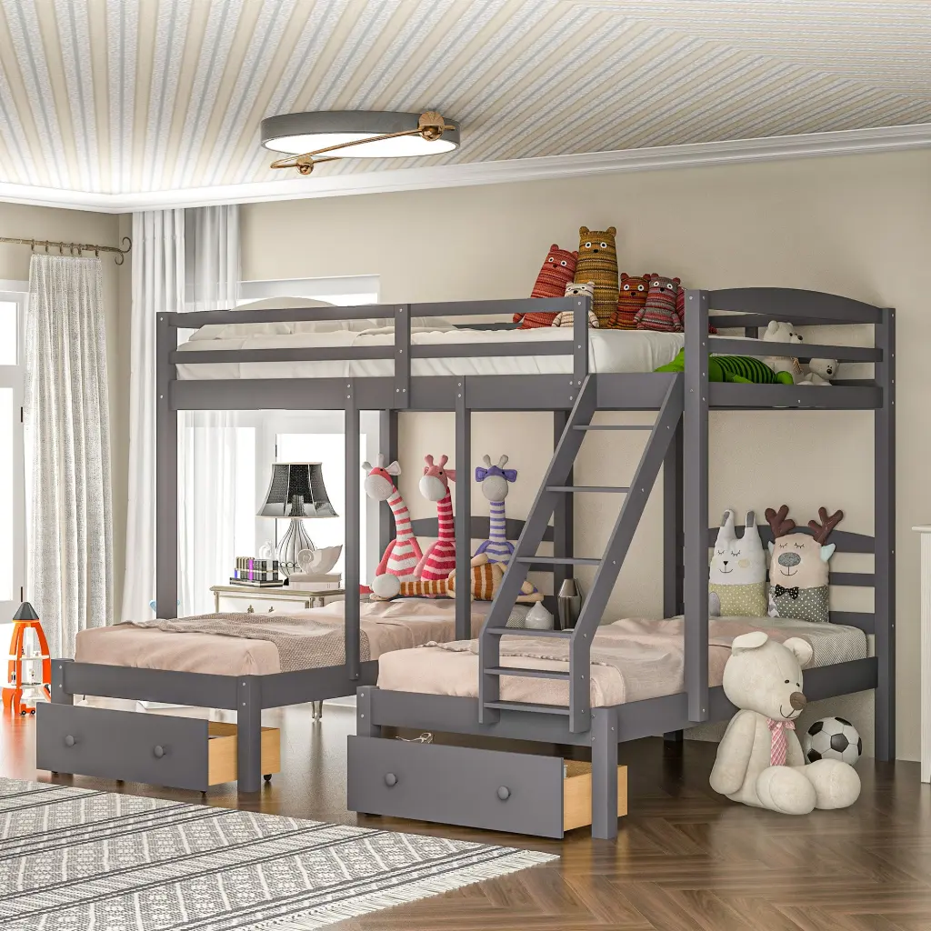 Full Over Twin and Twin Triple Bunk Bed Drawers Gray Space Saving wm store