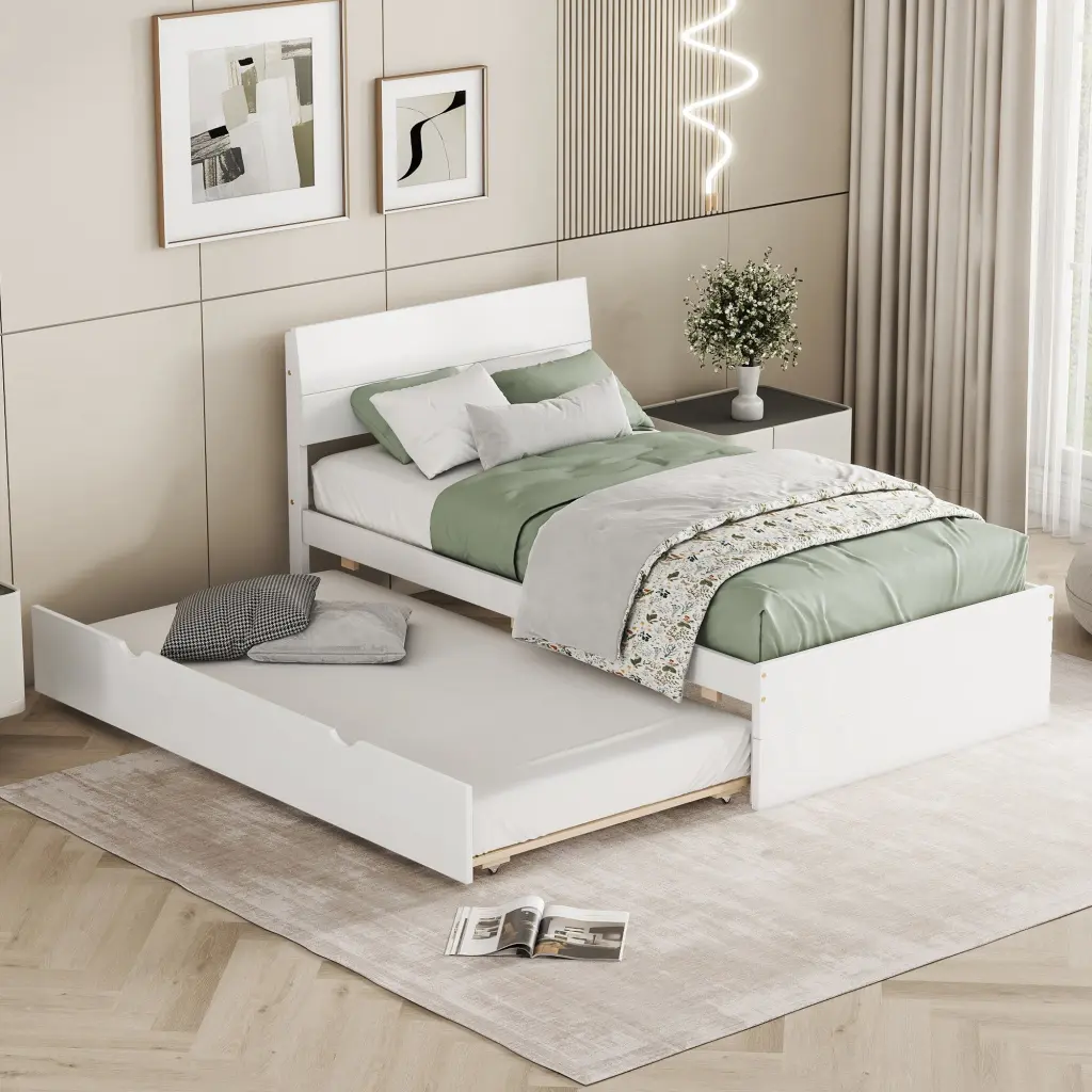 Modern Twin Bed Frame Trundle White High Gloss Headboard Space Saving Design fangxing